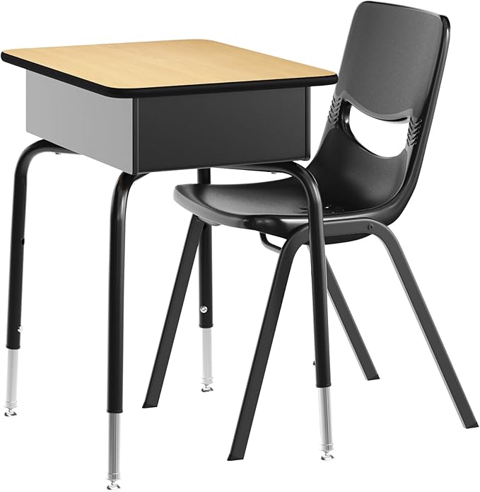 EMMA + OLIVER Jacobs Desk/Stackable Ergonomic Chair Set, Flex Comfort Seat Back, Adjusting Desk Legs, Metal Open Front Storage Box, Natural Desktop/Black Chair
