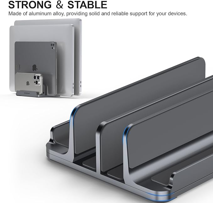 YICOSUN 4-Slot Aluminum Vertical Laptop Stand for Desk - Adjustable Width Dock for MacBook, Surface, Samsung, HP, Dell up to 17.3 inches - Space-Saving & Protective Design - Gray