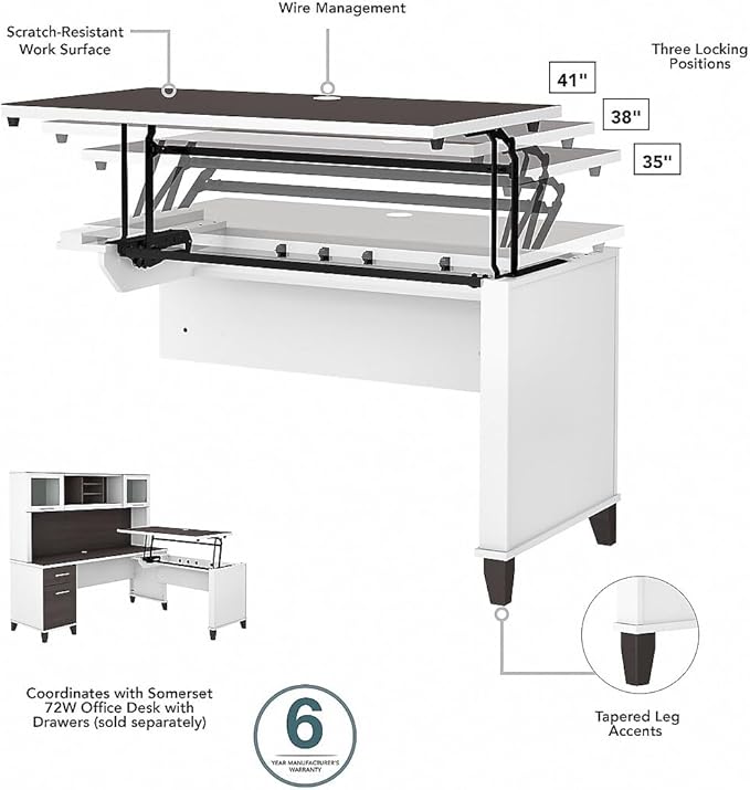 Bush Home Somerset 72W 3 Position Sit to Stand L Shaped Desk with Hutch and File Cabinet in White and Storm Gray