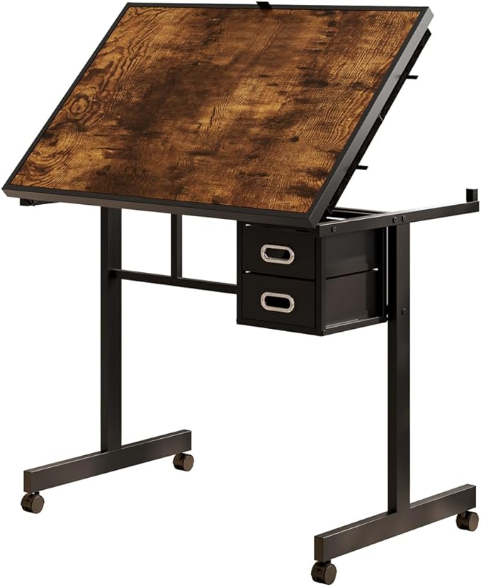 Drafting Table Art Table on Wheels with Storage Drawers & Side Trays - Adjustable Drawing Table Tilted Tabletop, Crafting Desk with Storage for Artist Painters Home Office (Black D)