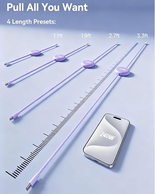 240W USB C to USB C Cable(Purple), Retractable USB c Cable Fast Charger, Short Type-C Charging Cord for iPhone 17/17 Air/16 Pro Max/15 Plus/Samsung Galaxy Z Flip 6 5 4/Google 10 Travelling Essentials