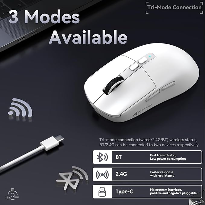 ATTACK SHARK X6 Lightweight Wireless Gaming Mouse with RGB Backlight Charging Base,Tri-Mode Wired/2.4GHz/BT5.2,26K DPI, PAW3395 Optical Sensor,HUANO Switch,5programmable Buttons,PC/Mac(White)