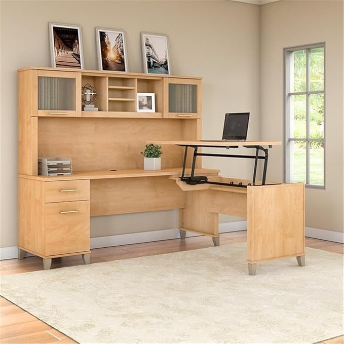 Pemberly Row 72W Sit to Stand L Desk with Hutch, Maple Cross Finish, Engineered Wood, Adjustable Height, Frosted Glass Doors, File Drawer, Office Storage, Ergonomic L Shaped Workspace