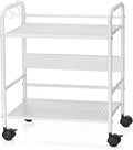 2-Tier Metal Rolling Cart, Under Desk Storage with 12.2" Shelf Clearance, Anti-Drop Guard & Hooks, Compact Utility Cart for Kitchen, Office, Laundry, Bathroom, Pantry, Living Room - White