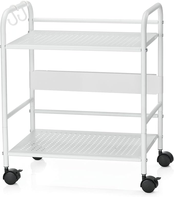 2-Tier Metal Rolling Cart, Under Desk Storage with 12.2" Shelf Clearance, Anti-Drop Guard & Hooks, Compact Utility Cart for Kitchen, Office, Laundry, Bathroom, Pantry, Living Room - White