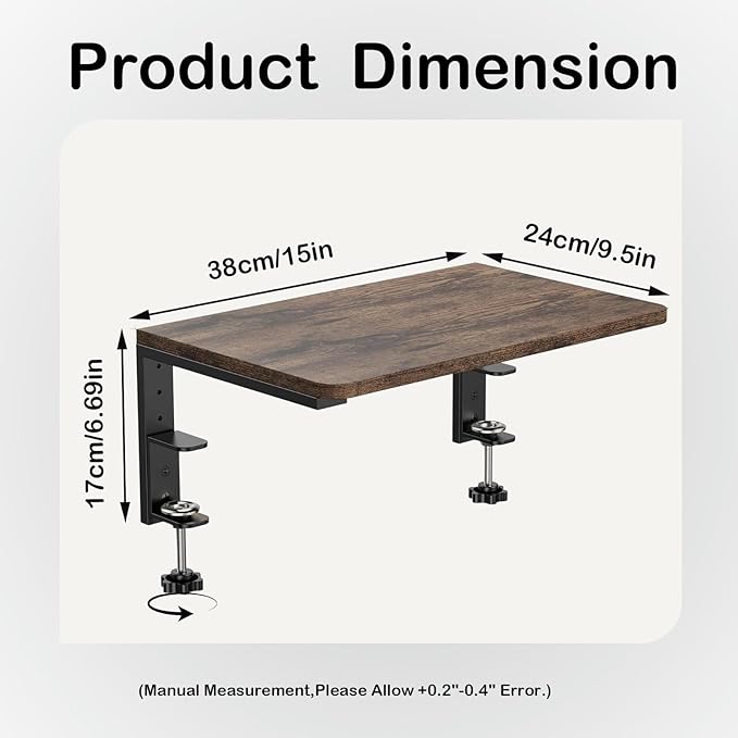 Desk Extender, 15-inch Desk Clamp Shelf, Height Adjustable Desktop Organizer for Office, Game Room, Kitchen and Studio (Brown)