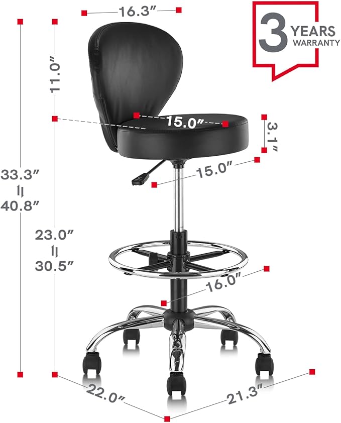 KLASIKA PVC Faux Leather Drafting Chair Set of 4 Rolling Swivel Salon Stool with Back Foot Rest Adjustable Hydraulic Seat Height 30 Inch Diameter 15 in Lumbar Support for Massage Facial Spa 4 Pack