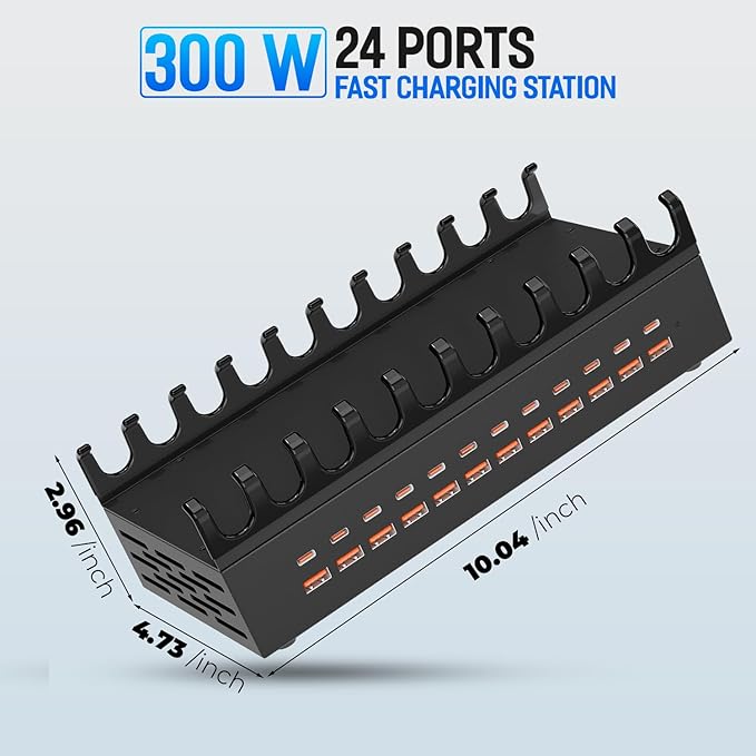 300W Charging Station for Multiple Devices, 24 Ports USB Fast Charging Station, Charger Station Organizer Compatible with Kindle, Phone, Tablet, iPad, Charger Station for Home, Office, School