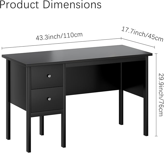 BHG Computer Desk with Drawers,Modern White Home Office Desk with Storage Filing Cabinet, Vanity Desk Makeup Dressing Table for Bedroom,Small Writing Table PC Desks for Study (Black, 43.3")