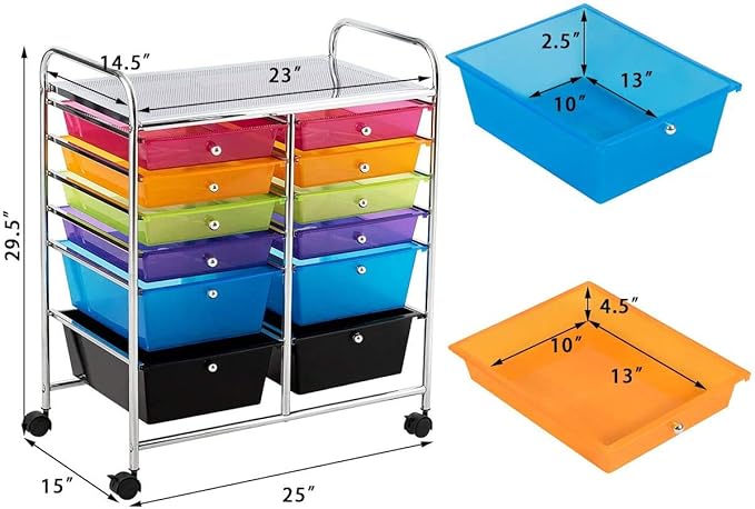 Moccha 12-Drawer Rolling Storage Cart - Under Desk Storage Drawers with wheels for Craft Art Supply Paper Salon, Scrapbook Paper Tools, Mobile Utility Cart for Classroom, Colorful