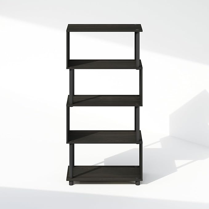 Furinno Reed Book Shelf, 5-Tier Bookshelf with Open Shelf, Geometric Bookcase with S-Shaped Frame, 11.8 x 23.6 x 48, for Living Room, Bedroom, Home Office, Espresso