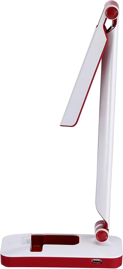 Black and Decker Office LED3FOLD-WHTRED PureOptics Verve 5W Flicker-Free Natural Daylight LED Desk Lamp with USB Charging Port, Phone Stand, 2 Dimming Levels (267 Lumens), 16" x 9" x 3.5" , White/Red