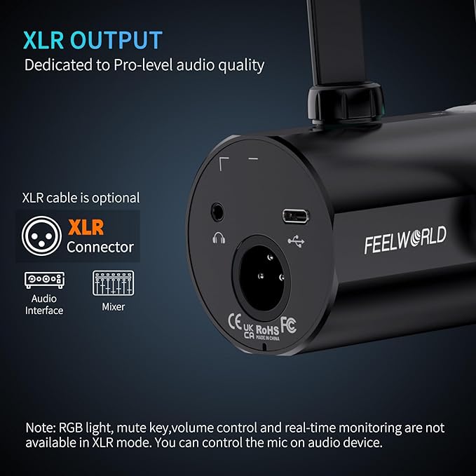 FEELWORLD PM1 XLR USB Dynamic Microphone with Boom Arm Stand Gifts for Podcast Recording PC Computer Gaming Live Streaming Vocal Voice-Over, Studio Metal Mic, RGB Light, Mute Button, Headphones Jack