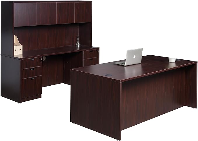 Boss Office Products Holland 66" Executive Desk and Credenza with Dual File Storage Pedestals and Hutch, Mahogany