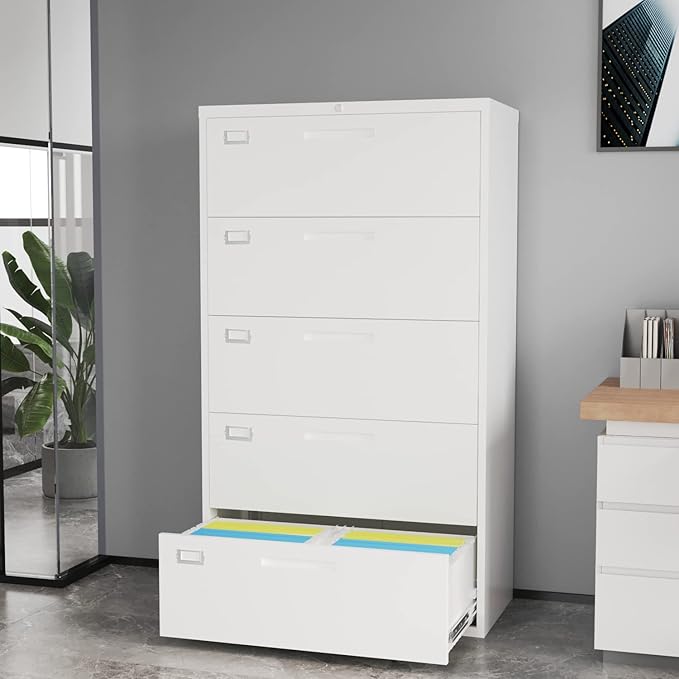Fesbos Lateral File Cabinet with 5 Drawers - White Metal Steel Filling Cabinets for Home Office - Lockable Storage Cabinet for Hanging Files Letter/Legal/F4/A4 Size-Assembly Required