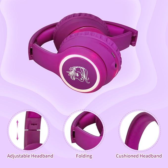 Unicorn Wireless Headphones, LED Light, up ，Kids Headphones Bluetooth with Microphone for School, Travel, Phone, Kindle, PC, TV, MP3 ((Violet)