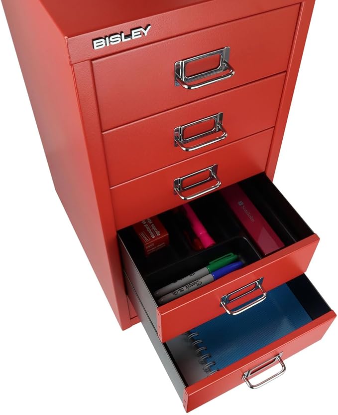 Bisley 6-Drawer Steel MultiDrawer Cabinet - Cardinal Red, Chrome Pull Handles with Label Holders, Powder-Coated Steel, Removable Drawers, Fits Under Most Desks, Labels Included