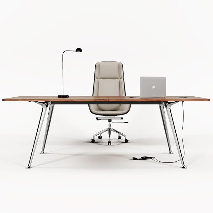 60-Inch Executive Desk, Computer Office Desk Workstation with Chrome-Plated Legs and Built-in Power Outlet, Writing Table Business Furniture, Modern Minimalist Style for Home Office, Walnut Brown