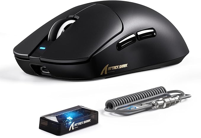 ATTACK SHARK X8 Ultimate Wireless Gaming Mouse,PAW3950MAX 42K DPI Sensor,Nordic 54L15 MCU,Wireless/Wired Dual 8K Polling,Optical Switch,59g Lightweight 2.4GHz/BT/Wired Mice with Coiled Cable-Black