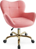 Vanity Chair with Wheels, Cute Home Office Desk Chairs Adjustable Height for Living Bedroom, Small Modern Fluffy Velvet Makeup Chair with Back for Girls (Pink)