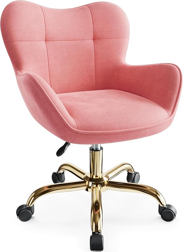 Vanity Chair with Wheels, Cute Home Office Desk Chairs Adjustable Height for Living Bedroom, Small Modern Fluffy Velvet Makeup Chair with Back for Girls (Pink)