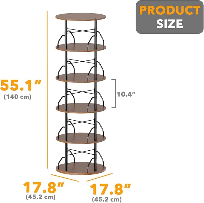 SpaceAid 5 Tier Rotating Bookshelf Tower, 360 Display Stackable Spinning Bookcase, Space Saving Revolving Round Book Shelf, Floor Standing Swivel Corner Organizer, Brown Wood