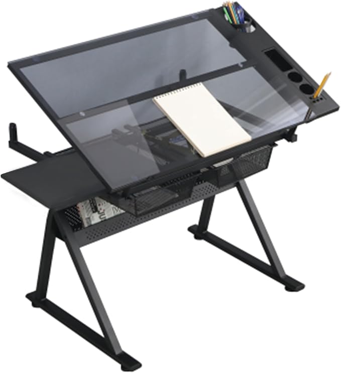Henf Drafting Table, Height Adjustable Glass Drafting Table Art Desk with Drawers, Art Table Painting Table Art Craft Desk with 0-75° Tilting Glass Tabletop and Storage for Home Office,Black
