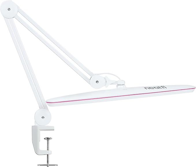 Neatfi XL 2,200 Lumens 24W LED Desk Lamp – 23” Wide Shade | Dimmable Eye-Caring Task Light | Adjustable Arm | Home Office, Study, Crafts & Nail Tech (White with Pink Ring, Non-CCT with Clamp)