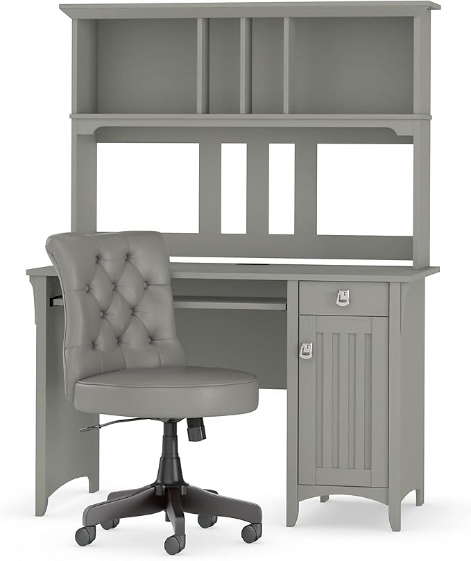 Bush Furniture Salinas 48W Computer Desk with Hutch and Mid Back Tufted Office Chair in Cape Cod Gray