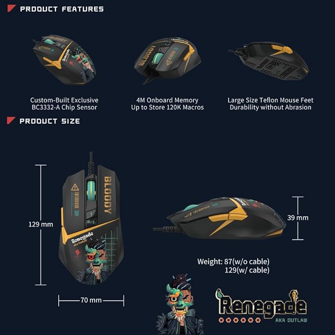 Bloody W63 Max RGB Gaming Mouse, 12,000 CPI, BC3332-A Sensor, 2000 Hz Report Rate, 4M Onboard Memory, LOD Adjustment, Lightweight Braided Cable - Renegade Edition