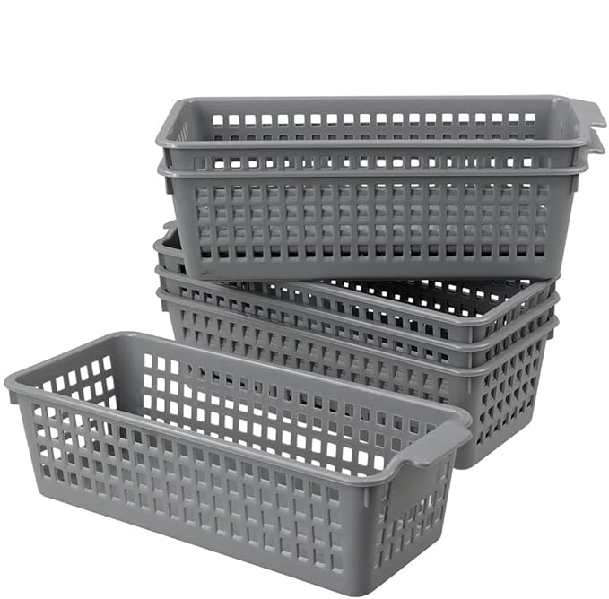 Long Plastic Basket Trays, Slim Pencil Organizer Grey, 6-Pack