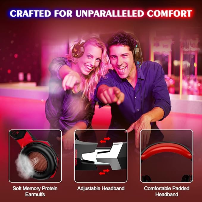 VersionTECH. G2000 Gaming Headset, Bass Surround Gaming Headphones with Noise Cancelling Mic, LED Lights, Soft Memory Earmuffs for PS5/ PS4/ Xbox One Controller/Laptop/PC/Mac/Nintendo NES Games-Red