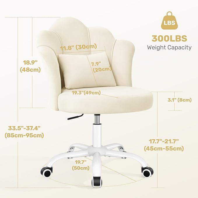 BestGlory Petal Vanity Chair with Wheels, 3.15" Extra Thick Comfy Makeup Chair, Adjustable Modern Swivel Armless Desk Chair for Girls Women, Aesthetic Small Office Chair for Bedroom Dorm