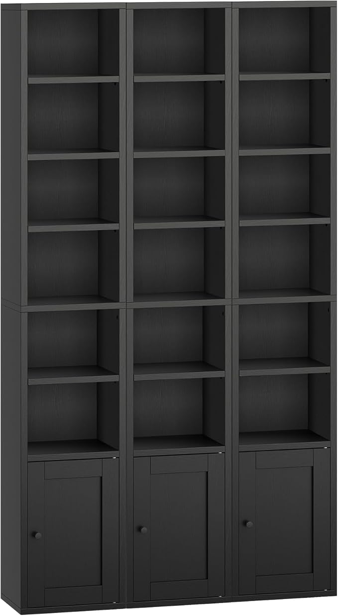 RALGEND 7-Tier Tall Narrow Bookshelf with Door Set of 4, 70.9 Inches CD DVD Slim Media Tower Rack with Storage Cabinet, Adjustable Shelves, Skinny Bookshelf Display Bookcase for Home Office, Black