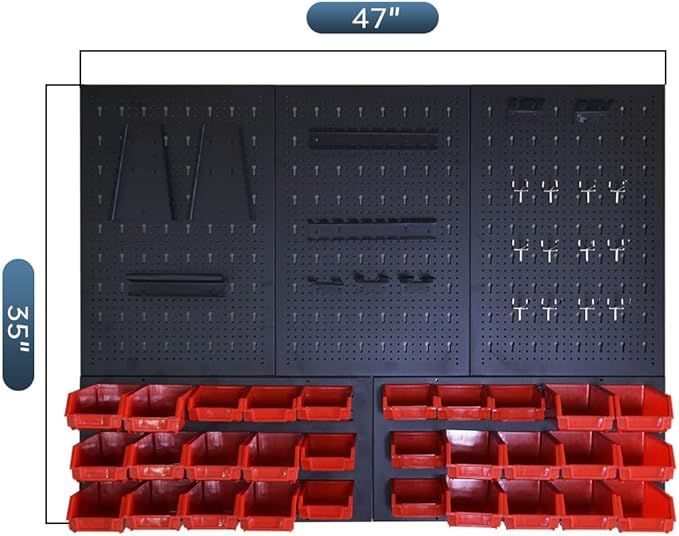 JZD Steel Pegboards Wall Organizer System with Accessories, Tool Rack Included 5 Metal Panels, 10 Tool Holders, 12 Hooks & 30 Storage Red Plastic Bins, for Garage Workshop Home, Black