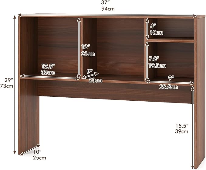 ReunionG Desk Hutch 2-Tier, Wood Hutch Top Only w/4 Shelves for Computer Monitor, Laptop, Dressing Table, Desk Organizer Display Rack Desktop Bookshelf for Home, Office, Dorm (Walnut)