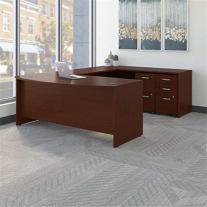Bush Business Furniture Series C 72W x 36D Bow Front U Shaped Desk with Mobile File Cabinets in Mahogany