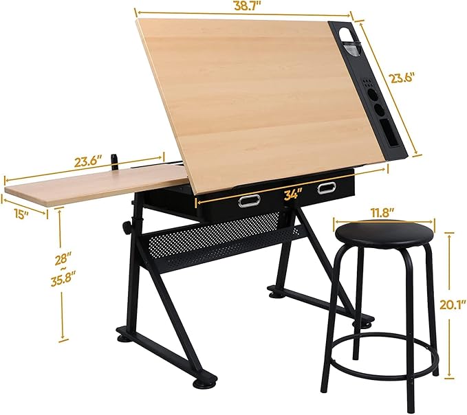 JupiterForce Drafting Table Art Desk with 2 Storage Drawers, Height Adjustable Drawing Table for Painters, Working, Writing, Home Office, Natural