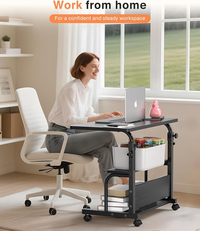 QZMDSM Portable Rolling Desk on Wheels Adjustable Height Desks for Small Spaces, 32" Computer Desk with Storage Shelves for Home Office Black