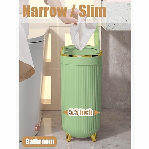 Yatmung Slim Bathroom Trash Can with Lid - Small Plastic Waste Paper Basket - Press-Top Trash Bin for Bedroom, Home Office, Narrow Space - 3.2 Gallon Decorative Garbage Can - Mint Green with Gold Legs