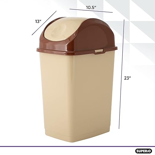 Superio Kitchen Trash Can with Swing Top Lid 9 Gallon Slim Waste Bin 37 Qt Sturdy Plastic Garbage Can Medium Recycling Bin for Office, Bathroom, Under Counter, Dorm, Bedroom (Beige/Brown-2 Pack)