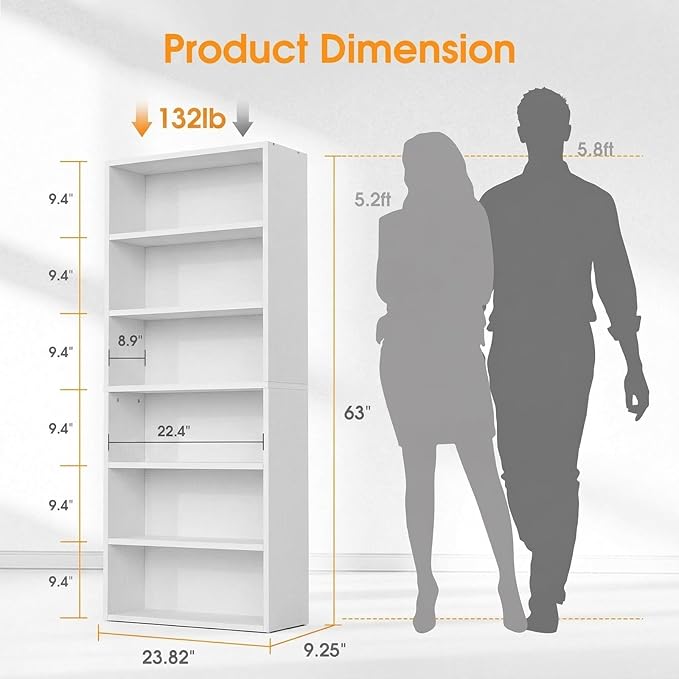 Sweetcrispy Industrial 6 Shelf Bookcase - Large 63 Inch Tall Floor Standing Open Bookshelf for Home Office, Living Room, and Bedroom Storage, Classic White