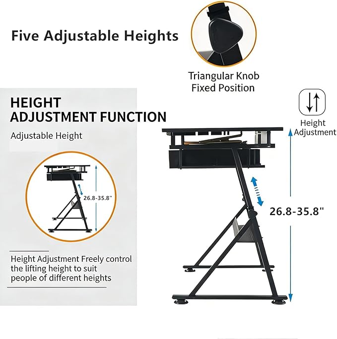 Drafting Table with Stool, Height Adjustable Drawing Table Art Table Painting Table Art Craft Desk with 0-75° Tilting Tabletop and Storage Drawers, Black