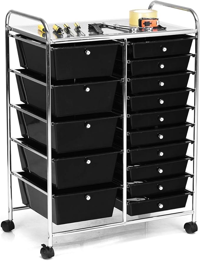 Moccha 15-Drawer Rolling Storage Cart - Under Desk Storage Drawers with wheels for Craft Art Supply Paper Salon, Scrapbook Paper Tools, Mobile Utility Cart for Classroom (15 Drawers, Black)
