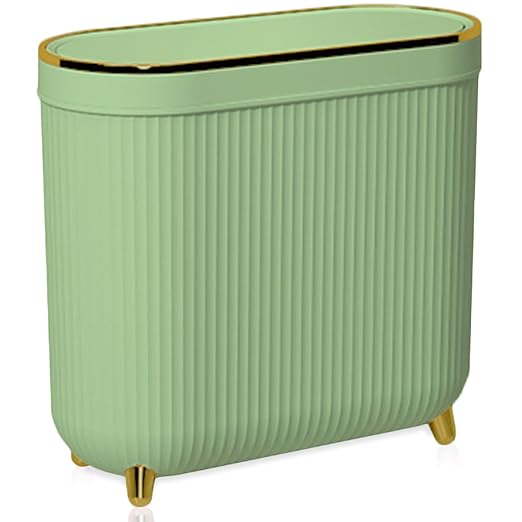 Yatmung Slim Bathroom Trash Can with Lid - Small Plastic Waste Paper Basket - Press-Top Trash Bin for Bedroom, Home Office, Narrow Space - 3.2 Gallon Decorative Garbage Can - Mint Green with Gold Legs