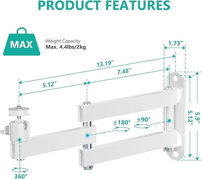WALI Mini Foldable Projector Wall Mount with 360° Rotating Gimbal, Fully Adjustable Wall/Ceiling Mount Bracket for 1/4" M4 M6 Screw Projectors, Small Projector Holder up to 4.4lbs (1330LM-PMW), White