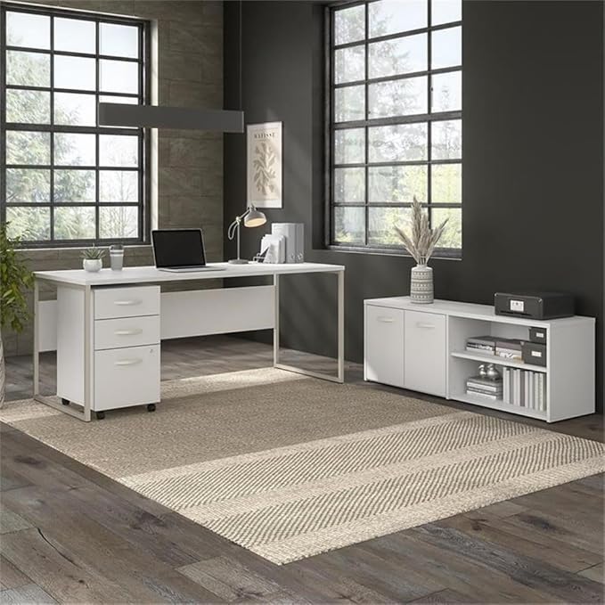 Pemberly Row Set of 2 Mobile File Cabinet & Computer Table Desk in White