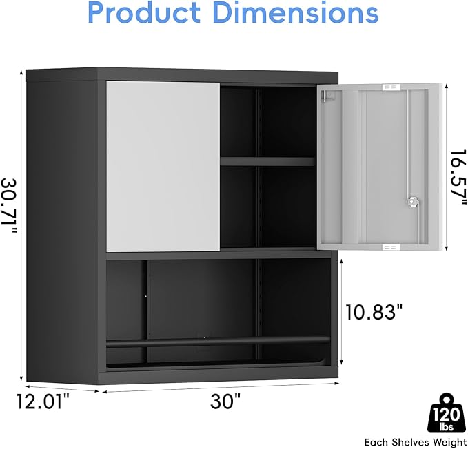 Metal Cabinet Wall Mounted, Garage Storage Cabinet Heavy Duty, Metal Tool Cabinets with Doors and Shelves, Steel Wall Mounted Storage for Basement, Shop