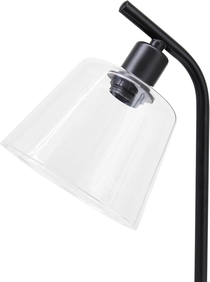 Simple Designs LD1074-BLK 15.75" Sleek Essentials Modern Industrial Metal Desk Lamp with Clear Glass Shade and Dual USB Ports, for Office, Desk, Nightstand, Dorm, Black