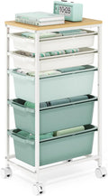 Rolling Storage Cart with 5 Drawers, Craft Organizer, Wooden Tabletop Utility Cart for Bedroom, Children's Room and Office Organization, Table Side Trolley with Lockable Wheels, Green
